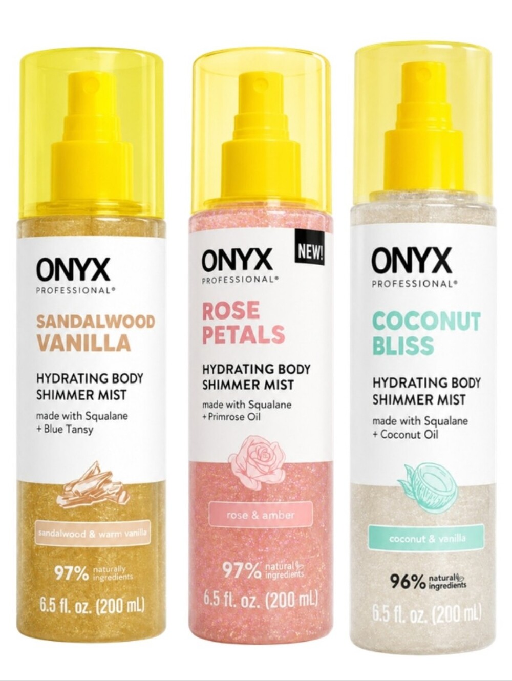 Hydrating Shimmer Mist Trio Set Coconut Bliss Rose Petals Sandalwood Vanilla